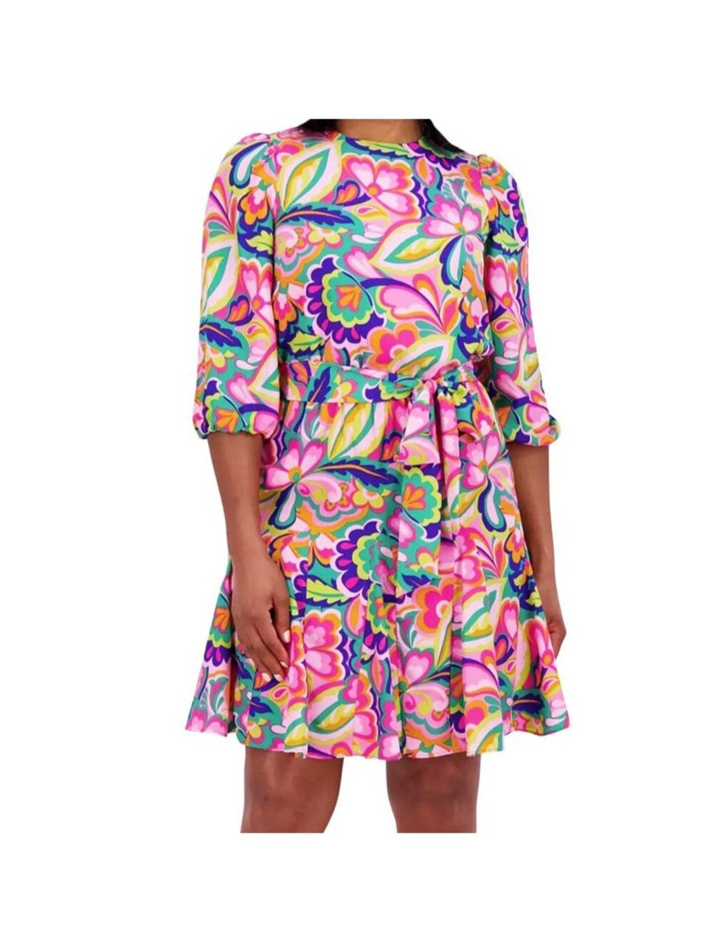 Jessica Howard Petite Floral Print Belted Fit & Flare Dress Pink Size 8P NWT